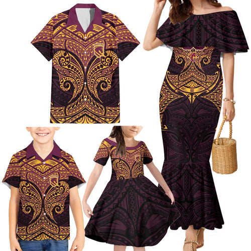 Personalized Brisbane Broncos Family Matching Mermaid Dress and Hawaiian Shirt Polynesian Tribal Pattern Style