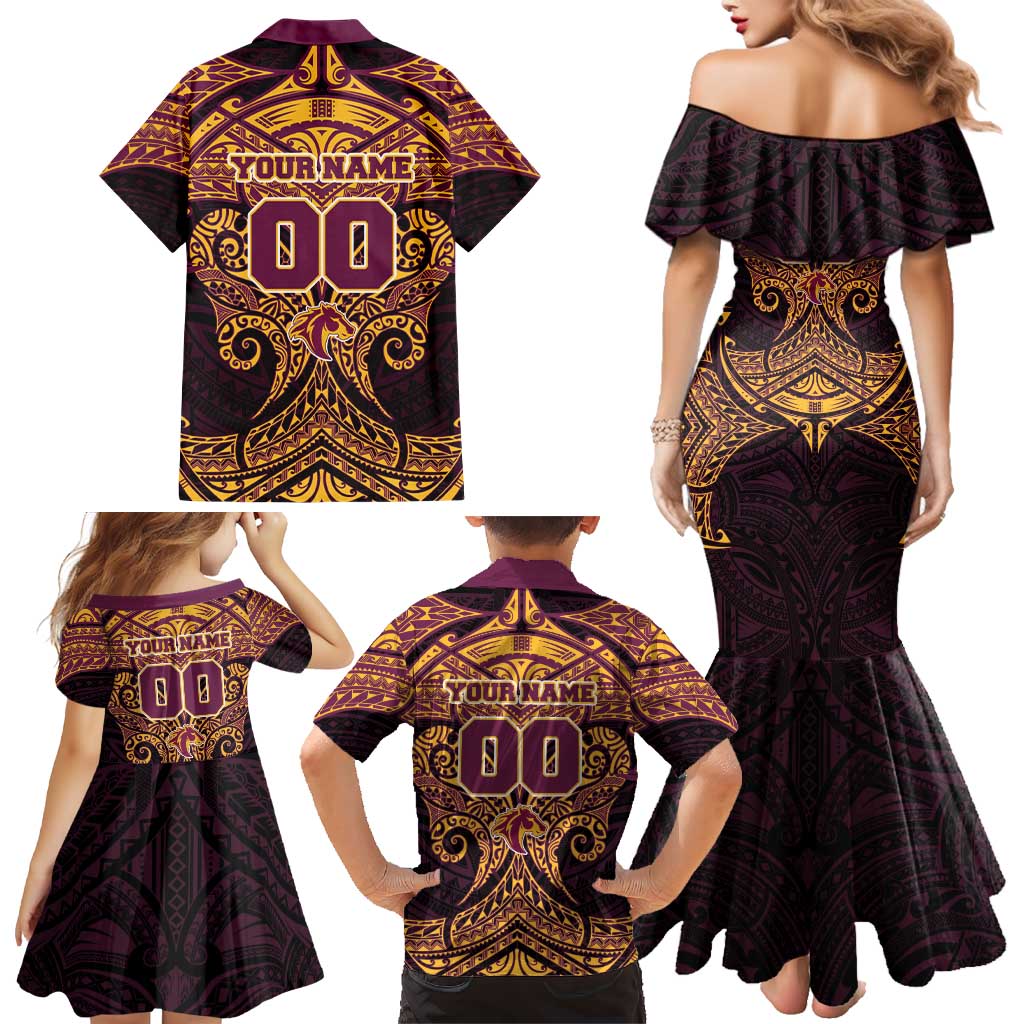 Personalized Brisbane Broncos Family Matching Mermaid Dress and Hawaiian Shirt Polynesian Tribal Pattern Style