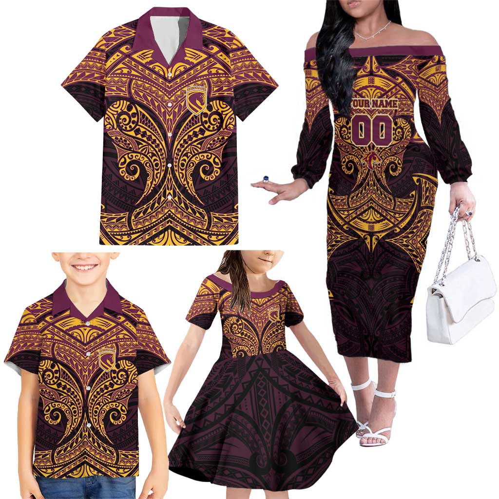 Personalized Brisbane Broncos Family Matching Off The Shoulder Long Sleeve Dress and Hawaiian Shirt Polynesian Tribal Pattern Style