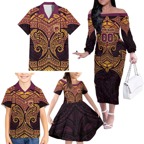 Personalized Brisbane Broncos Family Matching Off The Shoulder Long Sleeve Dress and Hawaiian Shirt Polynesian Tribal Pattern Style