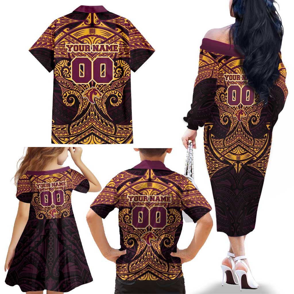 Personalized Brisbane Broncos Family Matching Off The Shoulder Long Sleeve Dress and Hawaiian Shirt Polynesian Tribal Pattern Style