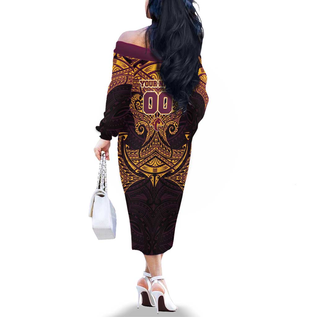 Personalized Brisbane Broncos Family Matching Off The Shoulder Long Sleeve Dress and Hawaiian Shirt Polynesian Tribal Pattern Style