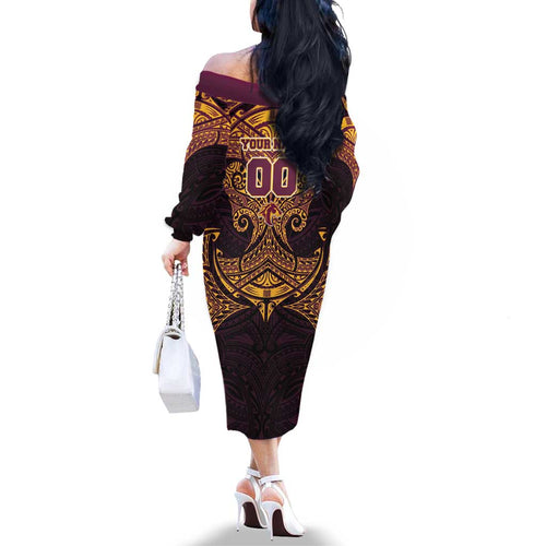 Personalized Brisbane Broncos Family Matching Off The Shoulder Long Sleeve Dress and Hawaiian Shirt Polynesian Tribal Pattern Style