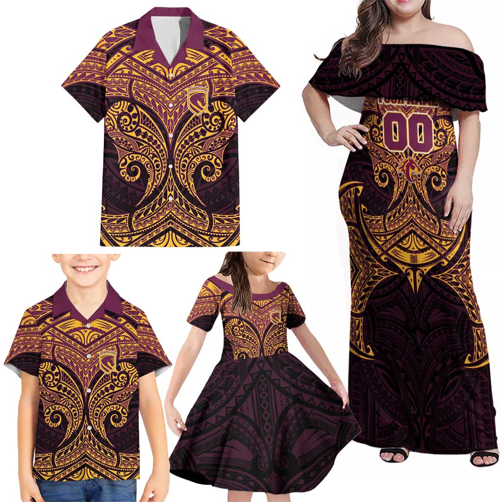 Personalized Brisbane Broncos Family Matching Off Shoulder Maxi Dress and Hawaiian Shirt Polynesian Tribal Pattern Style