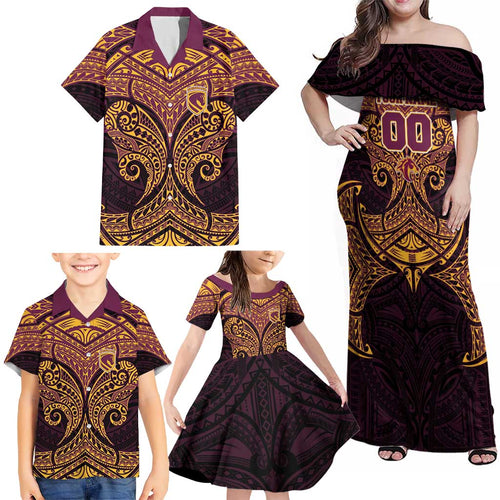 Personalized Brisbane Broncos Family Matching Off Shoulder Maxi Dress and Hawaiian Shirt Polynesian Tribal Pattern Style