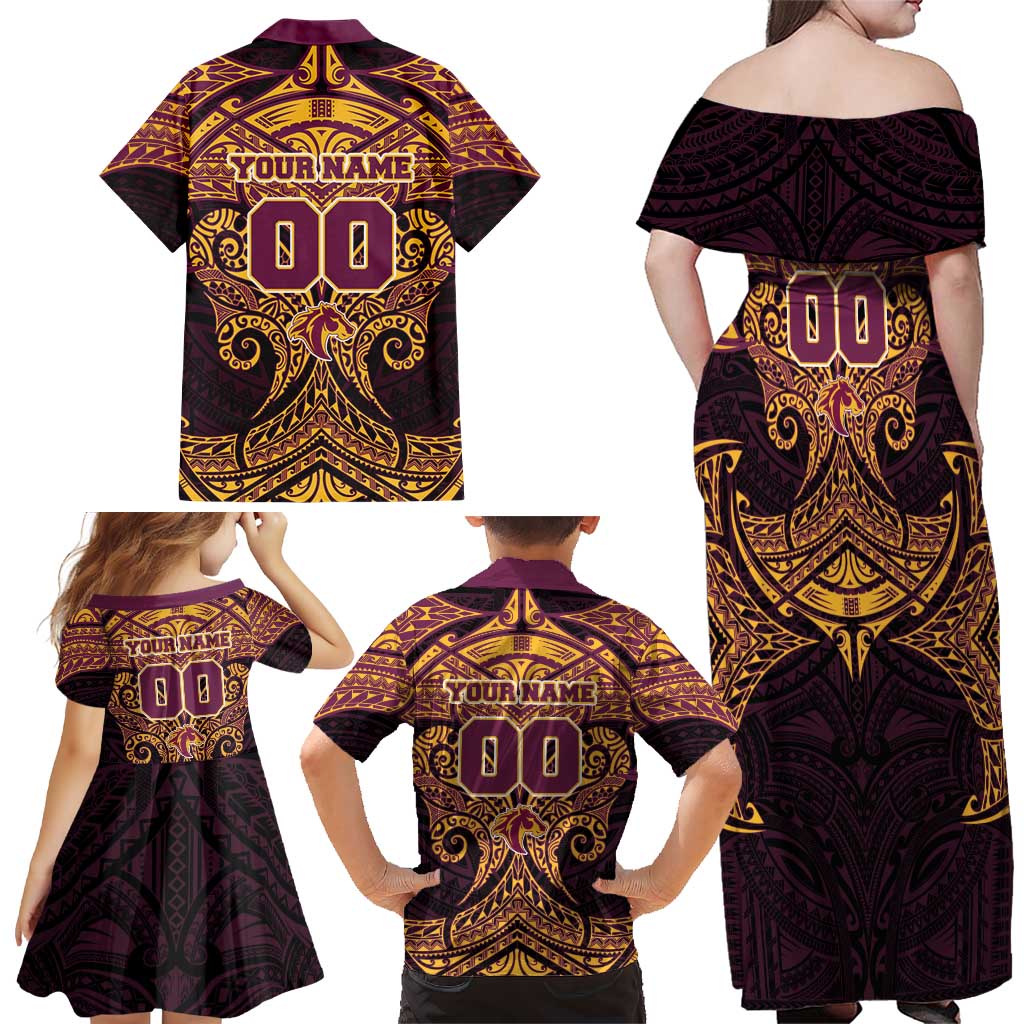 Personalized Brisbane Broncos Family Matching Off Shoulder Maxi Dress and Hawaiian Shirt Polynesian Tribal Pattern Style