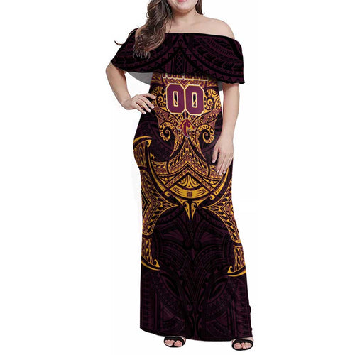 Personalized Brisbane Broncos Family Matching Off Shoulder Maxi Dress and Hawaiian Shirt Polynesian Tribal Pattern Style