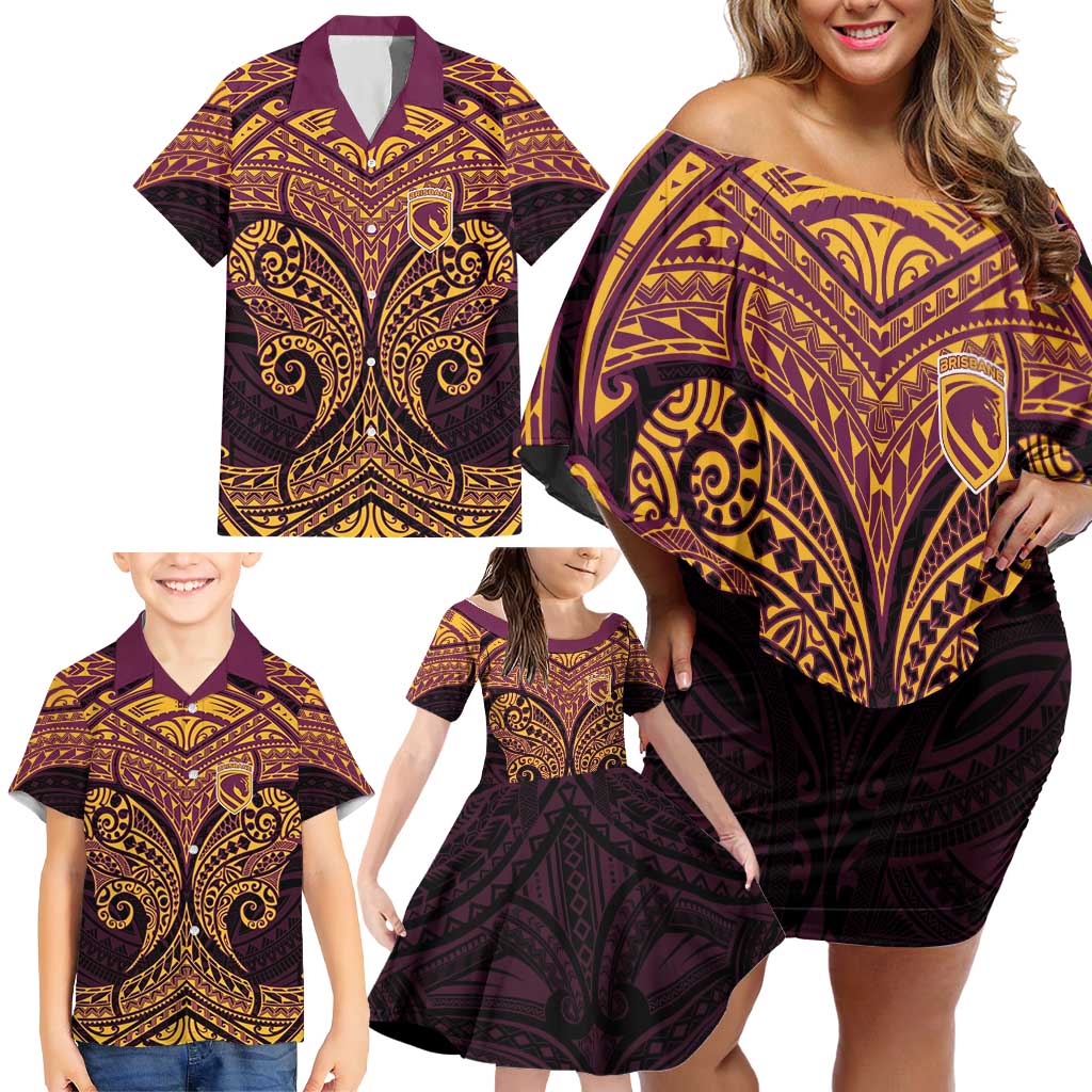 Personalized Brisbane Broncos Family Matching Off Shoulder Short Dress and Hawaiian Shirt Polynesian Tribal Pattern Style