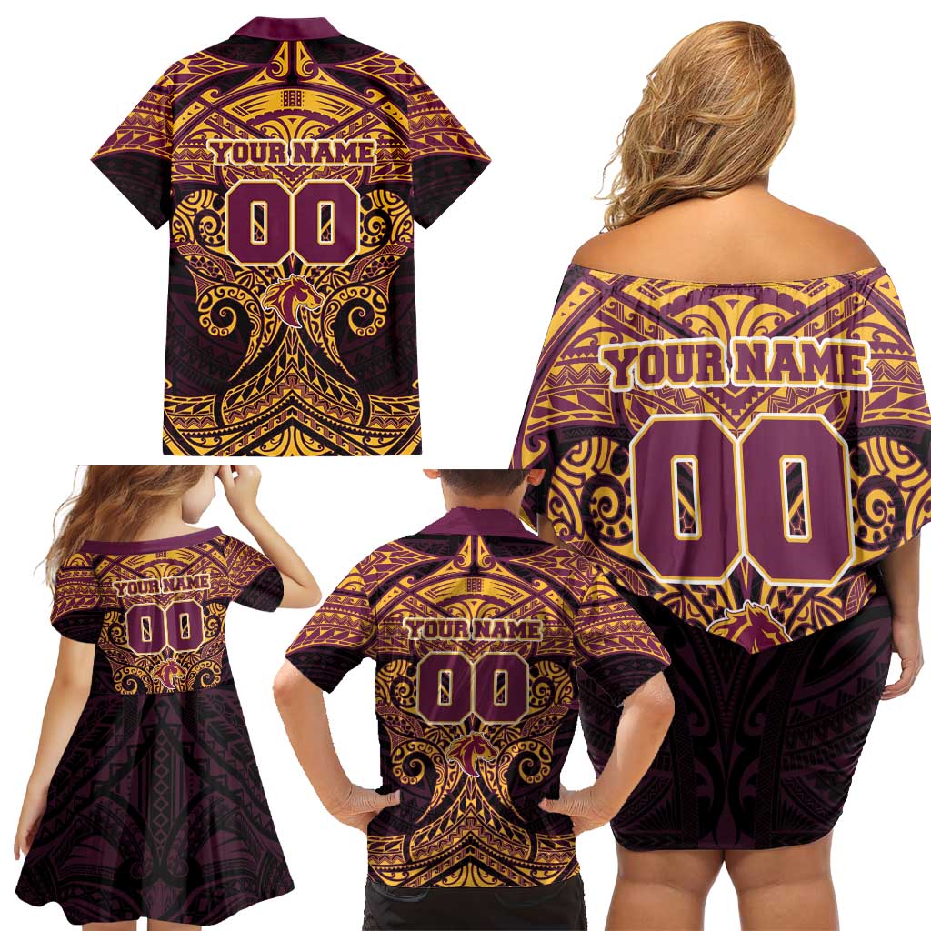Personalized Brisbane Broncos Family Matching Off Shoulder Short Dress and Hawaiian Shirt Polynesian Tribal Pattern Style