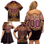 Personalized Brisbane Broncos Family Matching Off Shoulder Short Dress and Hawaiian Shirt Polynesian Tribal Pattern Style