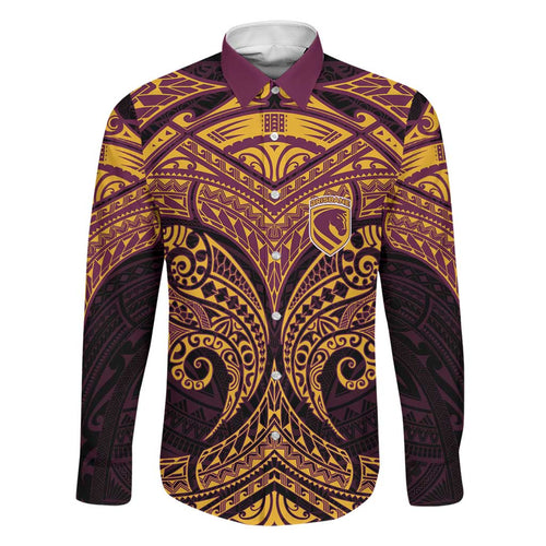 Personalized Brisbane Broncos Family Matching Off Shoulder Short Dress and Hawaiian Shirt Polynesian Tribal Pattern Style