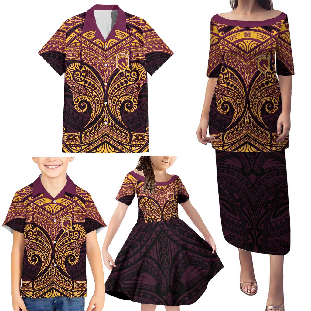 Personalized Brisbane Broncos Family Matching Puletasi and Hawaiian Shirt Polynesian Tribal Pattern Style