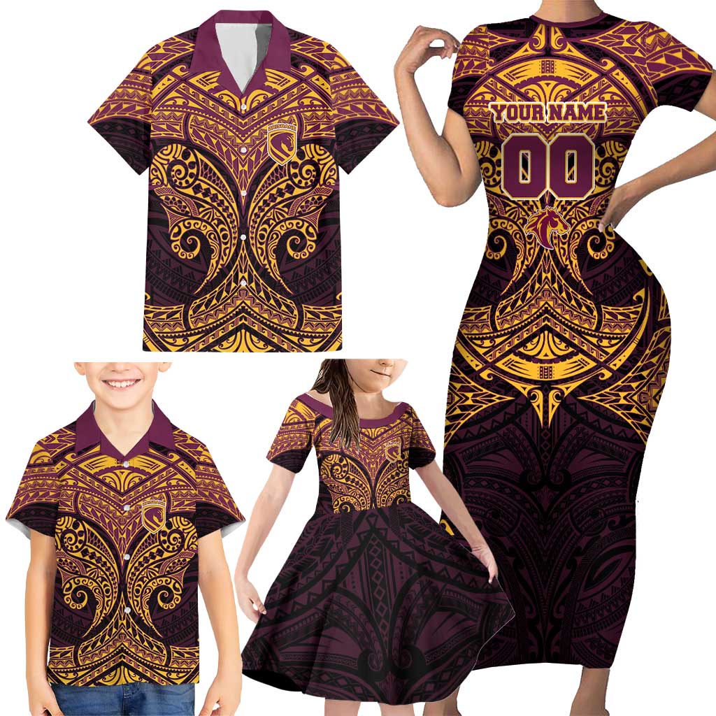 Personalized Brisbane Broncos Family Matching Short Sleeve Bodycon Dress and Hawaiian Shirt Polynesian Tribal Pattern Style