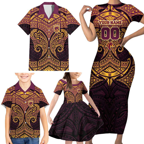 Personalized Brisbane Broncos Family Matching Short Sleeve Bodycon Dress and Hawaiian Shirt Polynesian Tribal Pattern Style