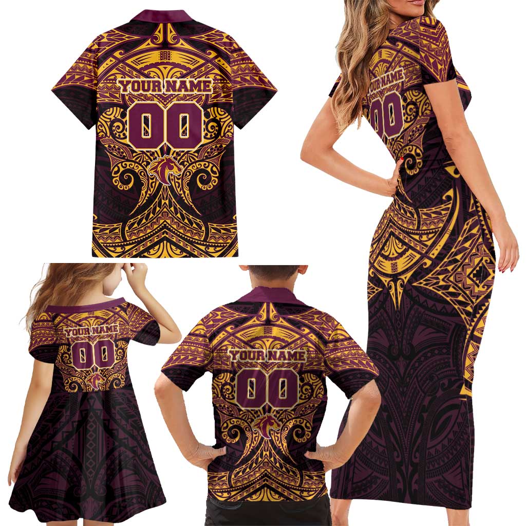 Personalized Brisbane Broncos Family Matching Short Sleeve Bodycon Dress and Hawaiian Shirt Polynesian Tribal Pattern Style