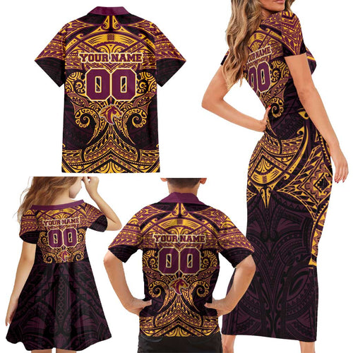 Personalized Brisbane Broncos Family Matching Short Sleeve Bodycon Dress and Hawaiian Shirt Polynesian Tribal Pattern Style