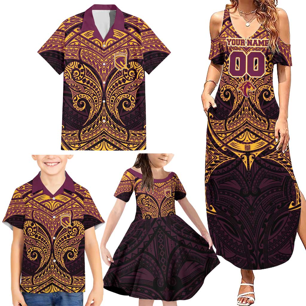 Personalized Brisbane Broncos Family Matching Summer Maxi Dress and Hawaiian Shirt Polynesian Tribal Pattern Style