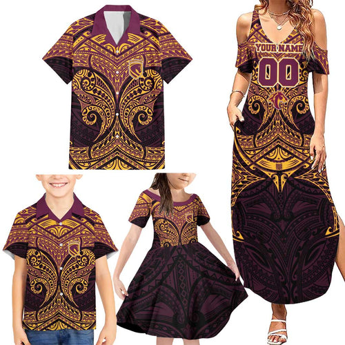 Personalized Brisbane Broncos Family Matching Summer Maxi Dress and Hawaiian Shirt Polynesian Tribal Pattern Style