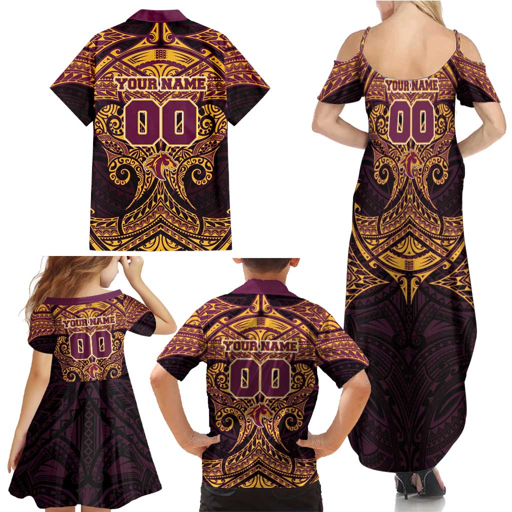 Personalized Brisbane Broncos Family Matching Summer Maxi Dress and Hawaiian Shirt Polynesian Tribal Pattern Style