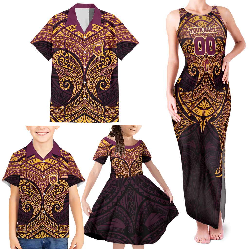 Personalized Brisbane Broncos Family Matching Tank Maxi Dress and Hawaiian Shirt Polynesian Tribal Pattern Style