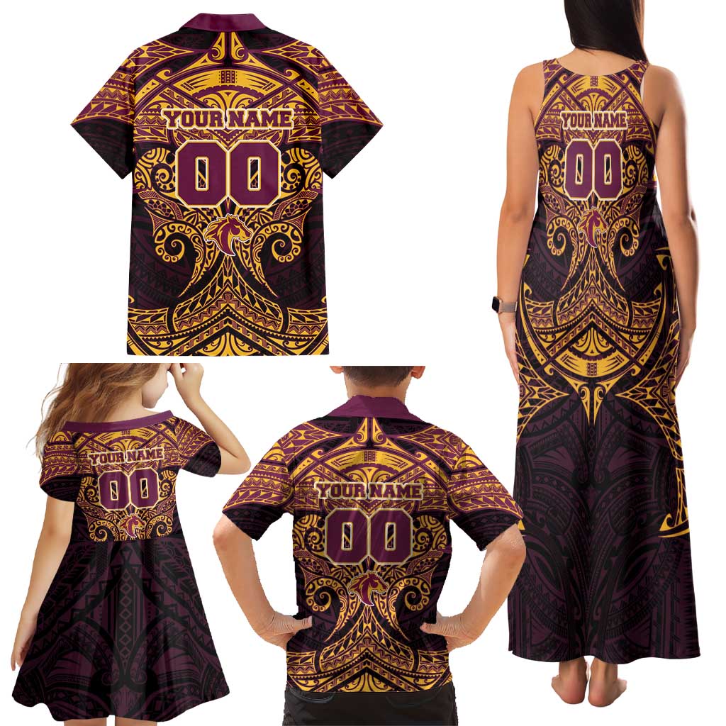 Personalized Brisbane Broncos Family Matching Tank Maxi Dress and Hawaiian Shirt Polynesian Tribal Pattern Style