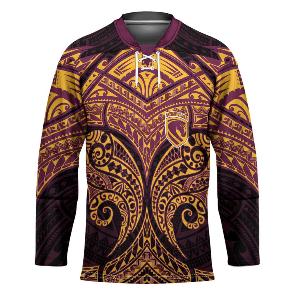 Personalized Brisbane Broncos Hockey Jersey Polynesian Tribal Pattern Style