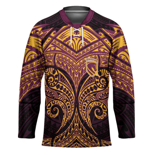 Personalized Brisbane Broncos Hockey Jersey Polynesian Tribal Pattern Style
