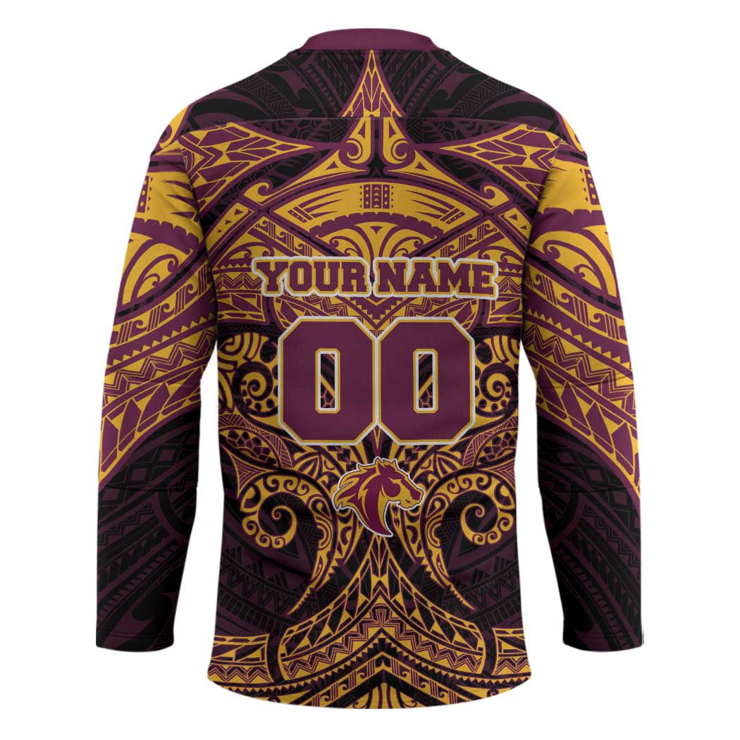 Personalized Brisbane Broncos Hockey Jersey Polynesian Tribal Pattern Style