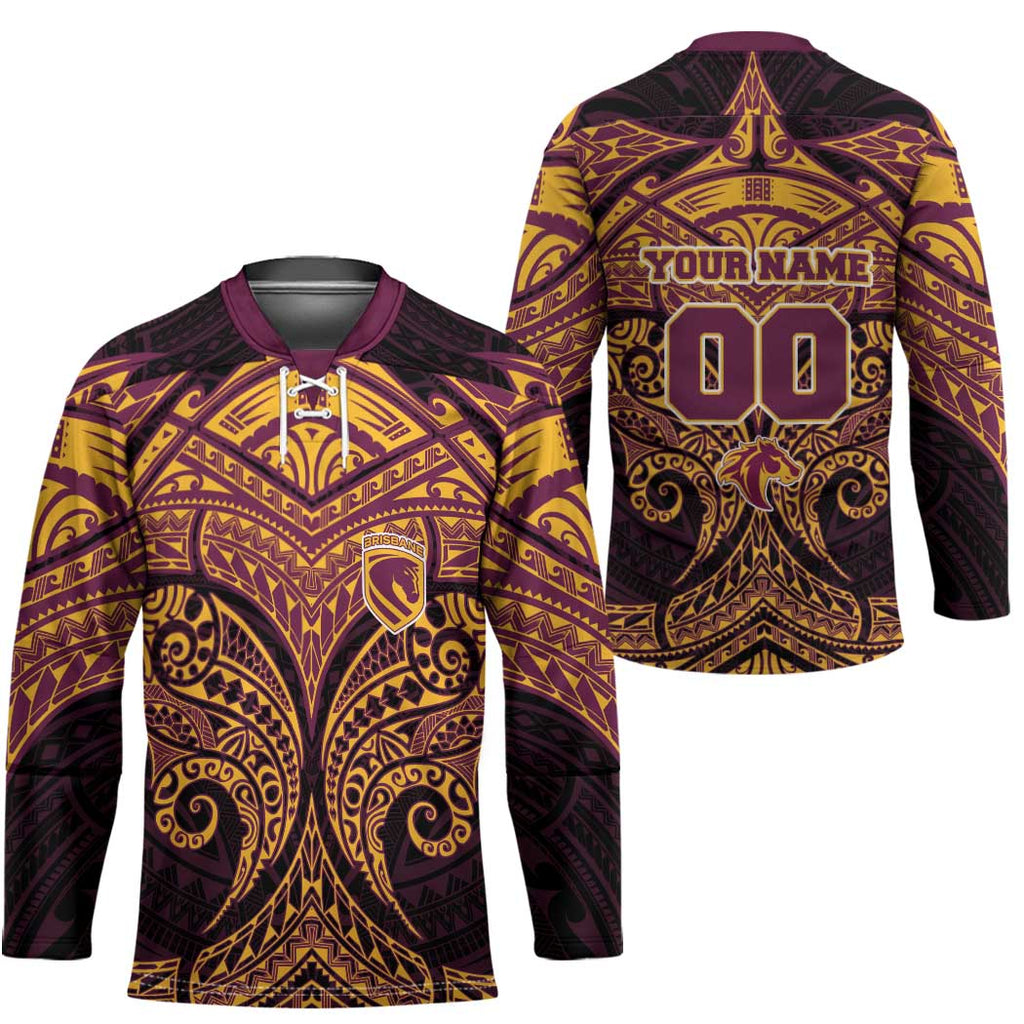 Personalized Brisbane Broncos Hockey Jersey Polynesian Tribal Pattern Style
