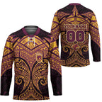 Personalized Brisbane Broncos Hockey Jersey Polynesian Tribal Pattern Style