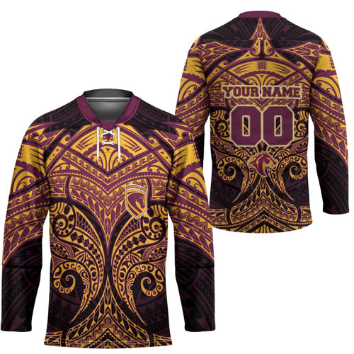 Personalized Brisbane Broncos Hockey Jersey Polynesian Tribal Pattern Style