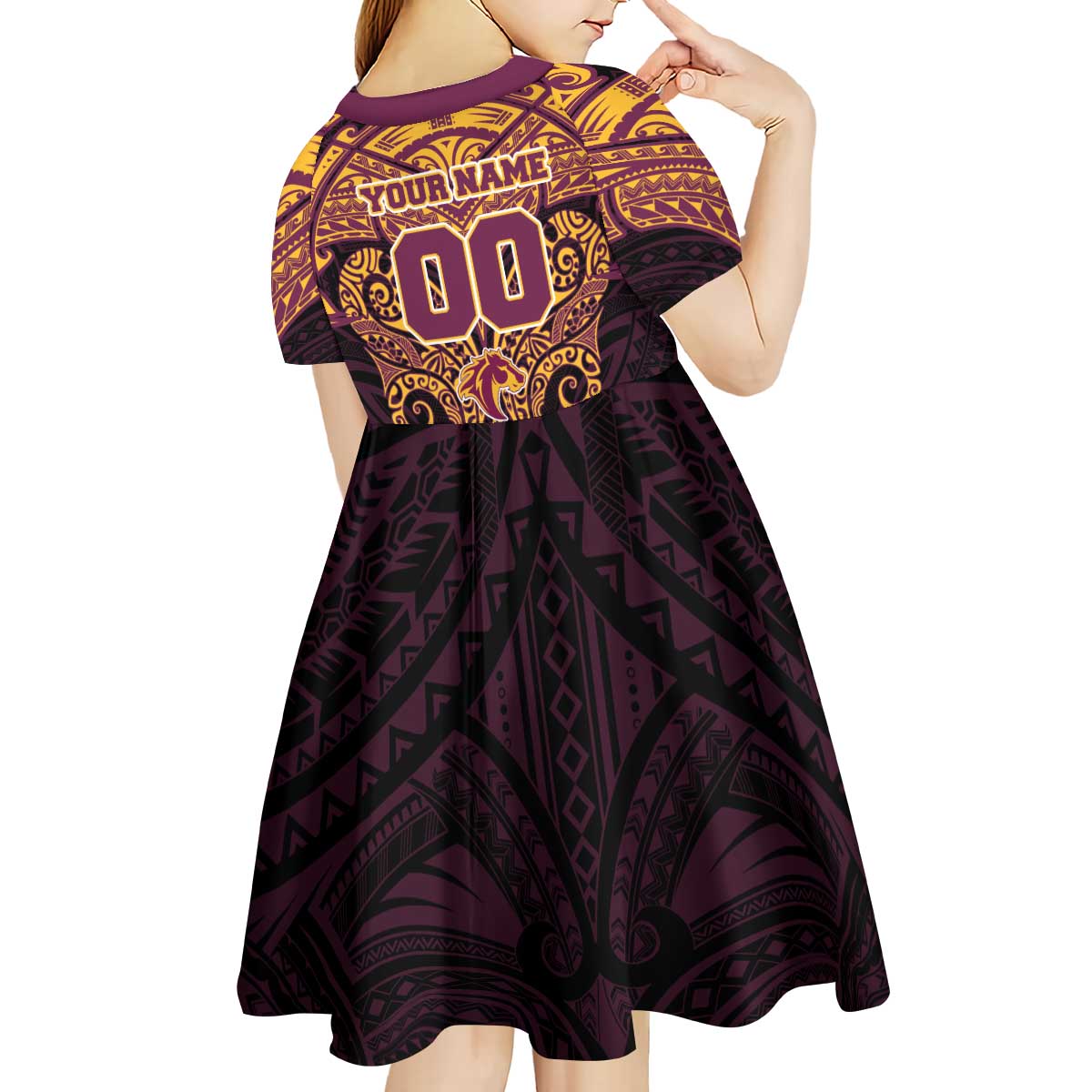 Personalized Brisbane Broncos Kid Short Sleeve Dress Polynesian Tribal Pattern Style