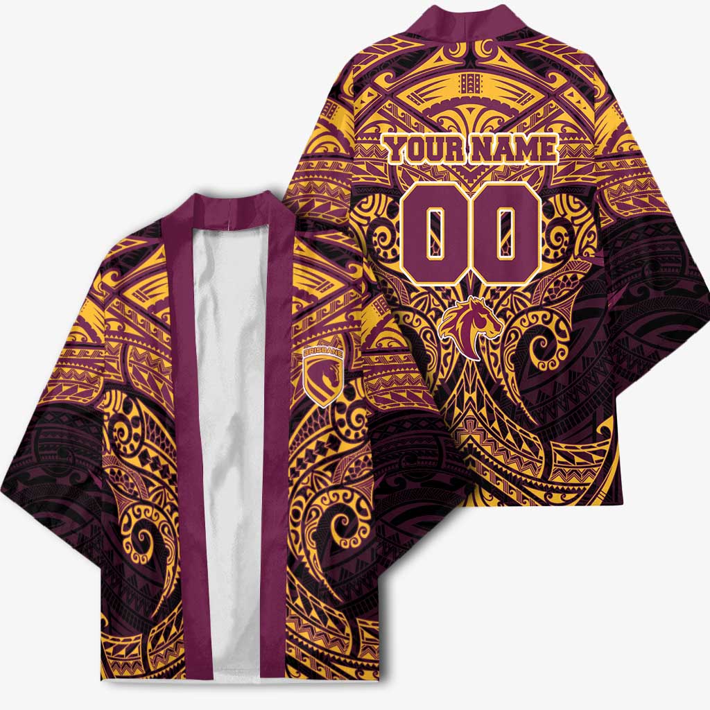 Personalized Brisbane Broncos Kimono Polynesian Tribal Pattern Style