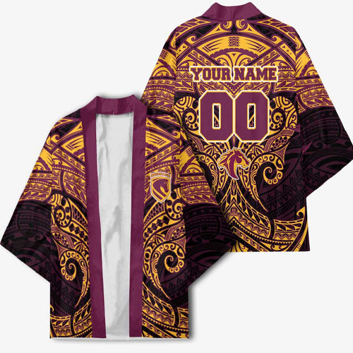 Personalized Brisbane Broncos Kimono Polynesian Tribal Pattern Style
