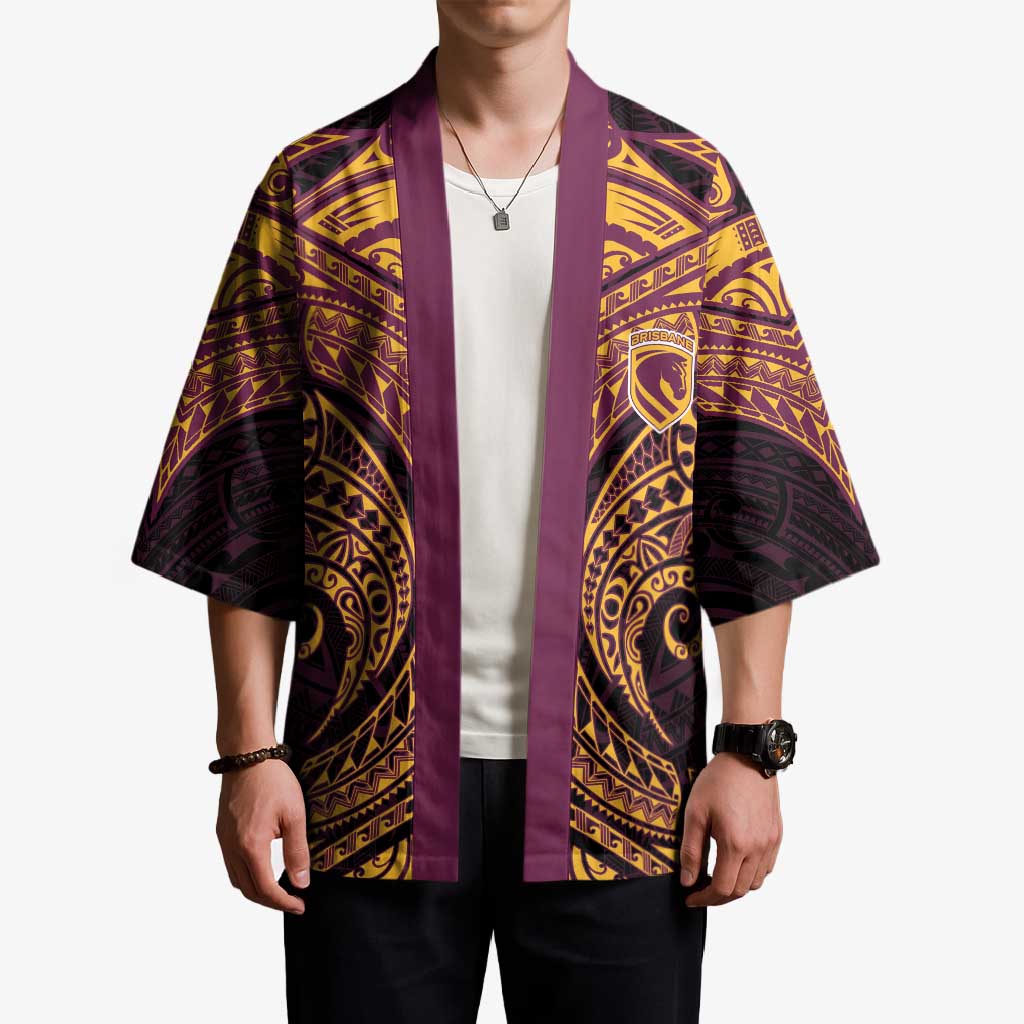 Personalized Brisbane Broncos Kimono Polynesian Tribal Pattern Style