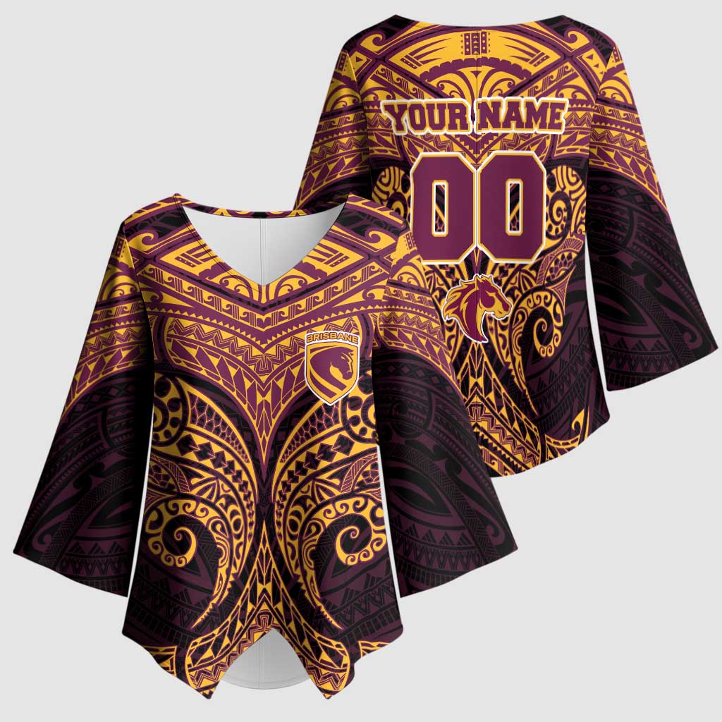Personalized Brisbane Broncos Kimono Sleeve Blouse Polynesian Tribal Pattern Style