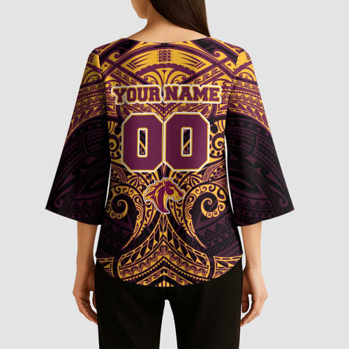 Personalized Brisbane Broncos Kimono Sleeve Blouse Polynesian Tribal Pattern Style