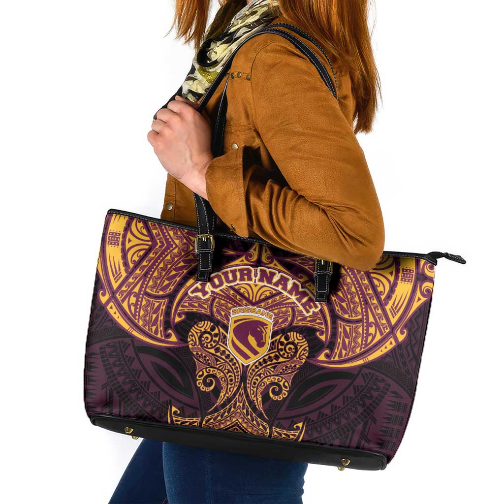 Personalized Brisbane Broncos Leather Tote Bag Polynesian Tribal Pattern Style