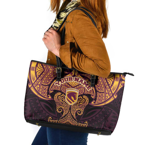 Personalized Brisbane Broncos Leather Tote Bag Polynesian Tribal Pattern Style