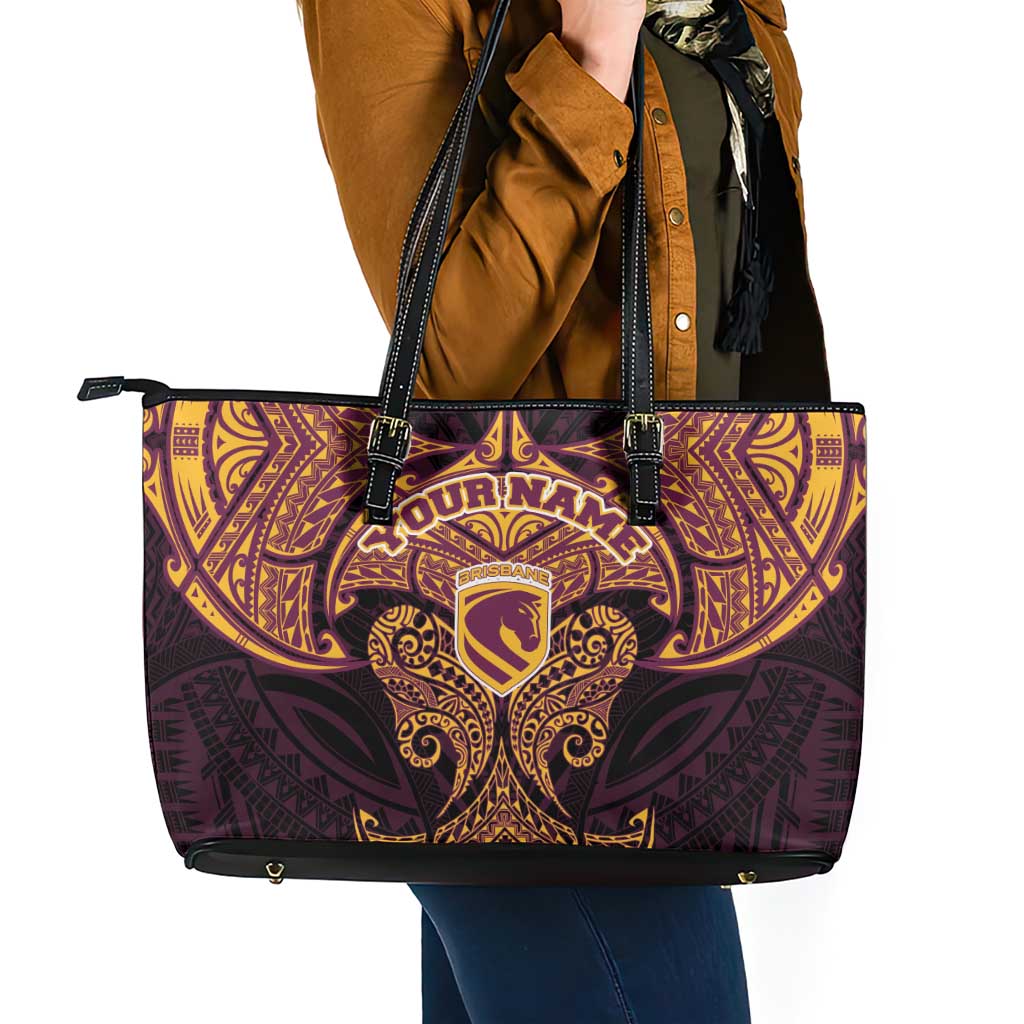 Personalized Brisbane Broncos Leather Tote Bag Polynesian Tribal Pattern Style
