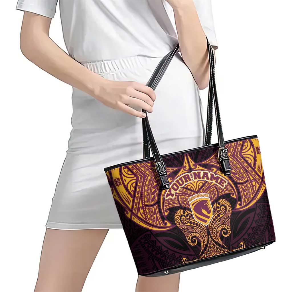Personalized Brisbane Broncos Leather Tote Bag Polynesian Tribal Pattern Style