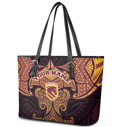 Personalized Brisbane Broncos Leather Tote Bag Polynesian Tribal Pattern Style