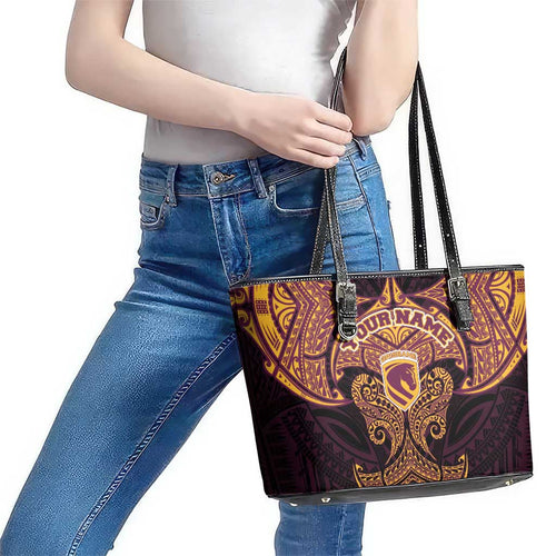 Personalized Brisbane Broncos Leather Tote Bag Polynesian Tribal Pattern Style