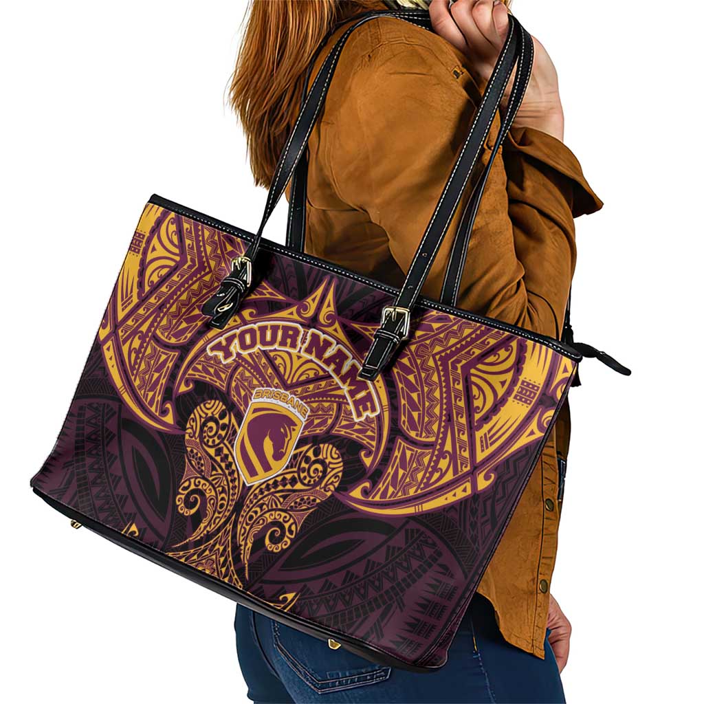 Personalized Brisbane Broncos Leather Tote Bag Polynesian Tribal Pattern Style