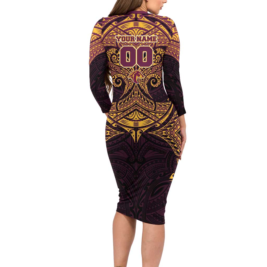 Personalized Brisbane Broncos Long Sleeve Bodycon Dress Polynesian Tribal Pattern Style