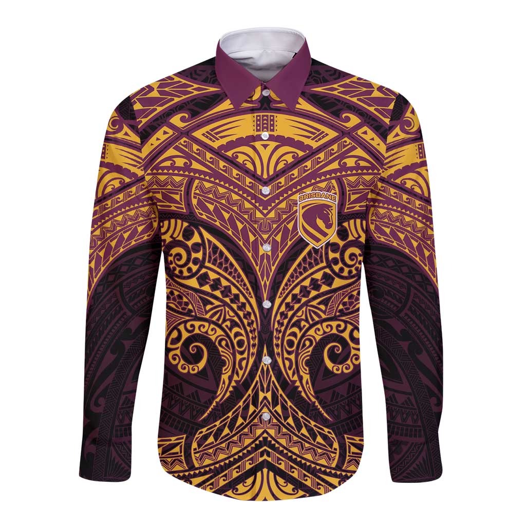 Personalized Brisbane Broncos Long Sleeve Button Shirt Polynesian Tribal Pattern Style