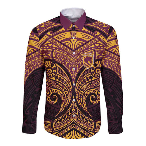 Personalized Brisbane Broncos Long Sleeve Button Shirt Polynesian Tribal Pattern Style