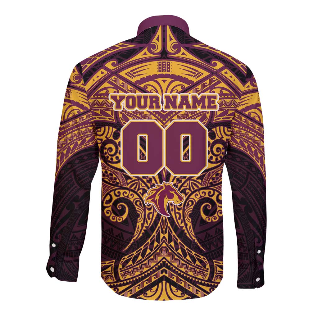 Personalized Brisbane Broncos Long Sleeve Button Shirt Polynesian Tribal Pattern Style