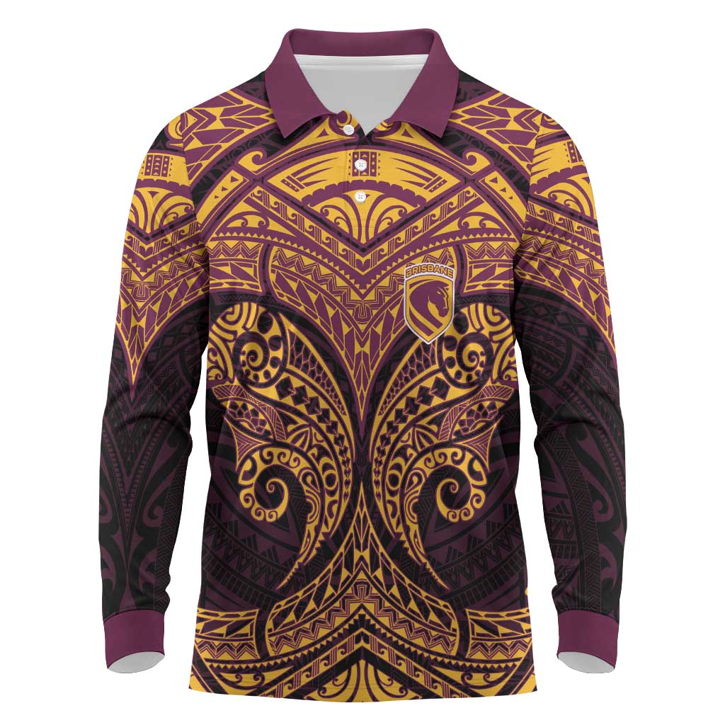 Personalized Brisbane Broncos Long Sleeve Polo Shirt Polynesian Tribal Pattern Style