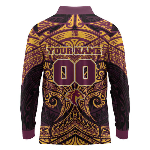 Personalized Brisbane Broncos Long Sleeve Polo Shirt Polynesian Tribal Pattern Style